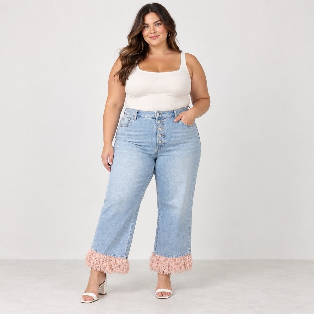 ASOS LUXE Curve Sz 16 Jeans Light Wash Pink Feathery Fringe Hem Button Fly